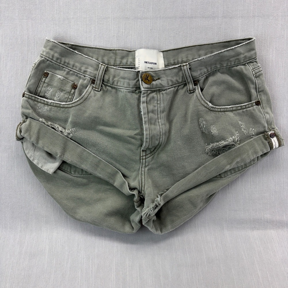 OneTeaspoon Bandits Denim Shorts Cotton Sage Green Distressed Size 31 Raw Hem